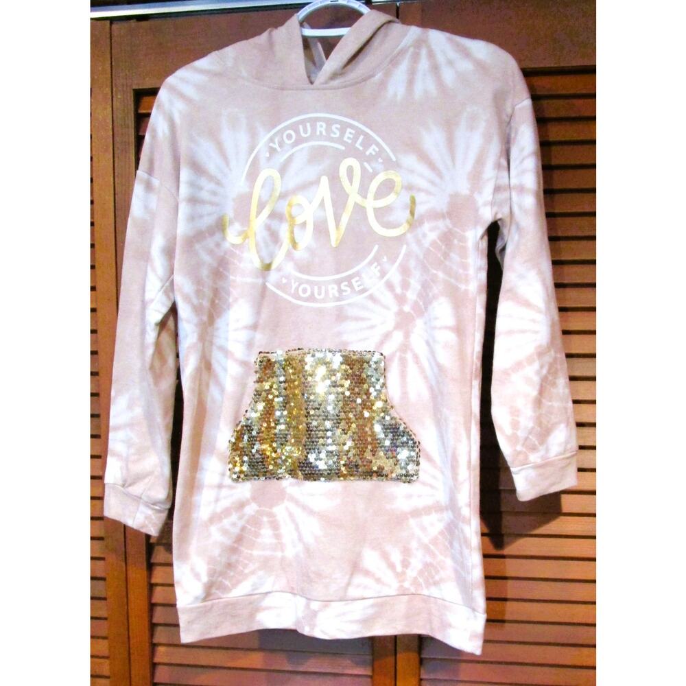 Belle du Jour Girls Hoodie Beige & White Tie‑Dye Sequin “Love Yourself” Size L